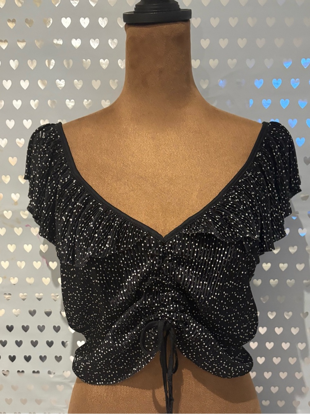 Zara Black Speckled Ruffled Drawstring Crop Top